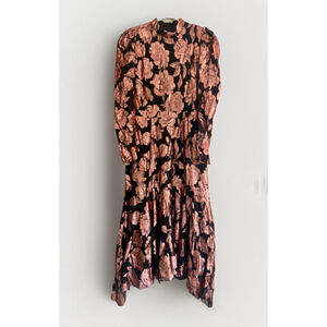 Yumi Kim Black Chiffon Rose Gold Metallic Floral Print Mock Neck Maxi Dress Med
